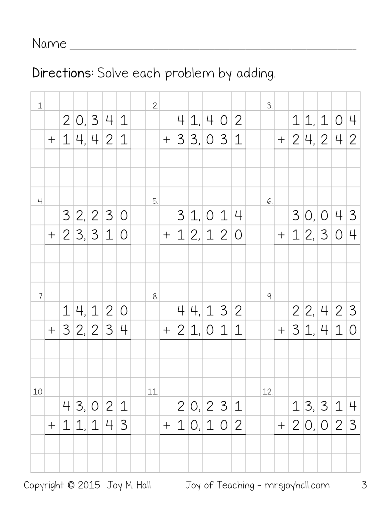 Big Addition Math Problems on Grid